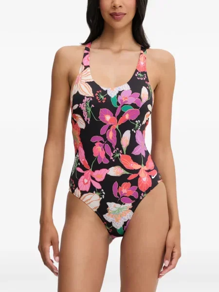 Slip de baie Nike cu gât halter cu imagine cu imprimeu geometric negru