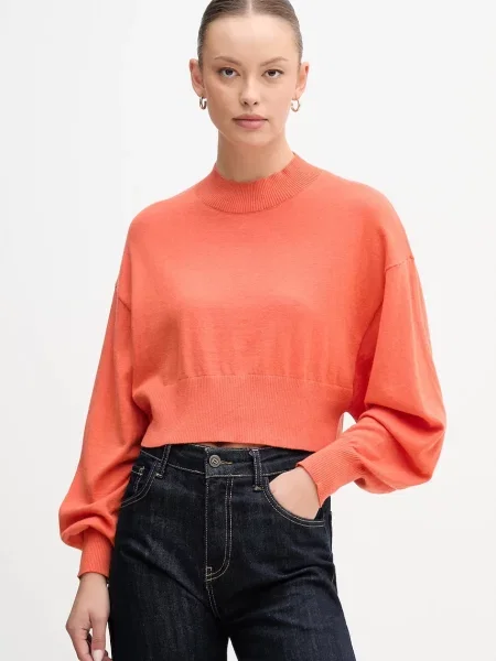 United Colors of Benetton sweter z dodatkiem wełny lekki z półgolfem pomarańczowy
