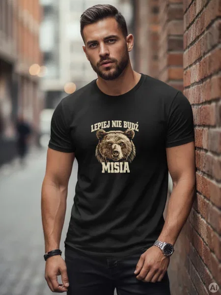 Bawełnainy T-shirt z nadrukiem LEPIEJ NIE BUDŹ MISIA czarny
