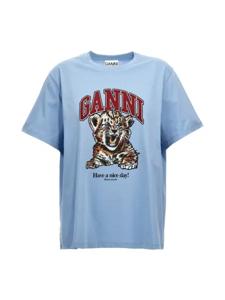 T-shirt basic Ganni w tygrysie prążki z dżerseju z dekoltem w kształcie litery U niebieski