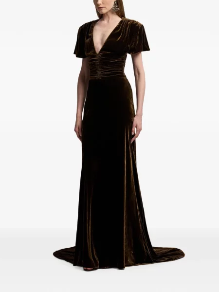 Rochie maxi Ralph Lauren Collection de catifea cu volane maro