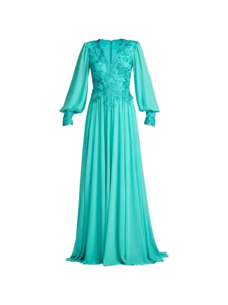 Rochie maxi Tadashi Shoji cu model floral cu decolteu în V albastru