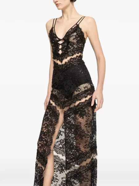Rochie maxi Nissa din dantelă cu mărgele negru