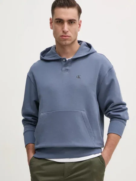 Bombažen pulover Calvin Klein Jeans s kapuco modra