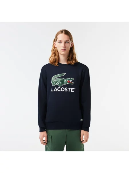 Lacoste Bluza Classic Fit Z Okrągłym Dekoltem I Nadrukiem granatowy