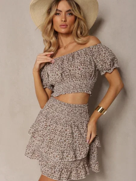Komplet w Kwiaty Top w Stylu Hiszpanki i Spódnica z Falbanką Crispa beżowy