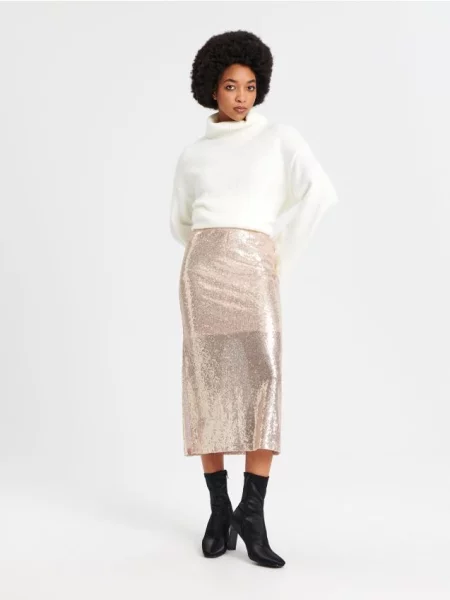 Sinsay Flitrová midi sukně béžová