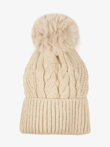 Beżowa Czapka Typu Beanie Zdobiona Pomponem i Warkoczowym Splotem Ocieplana Futrem Zenedi