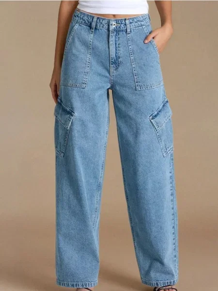 Джинсові карго-штани з високою талією синій