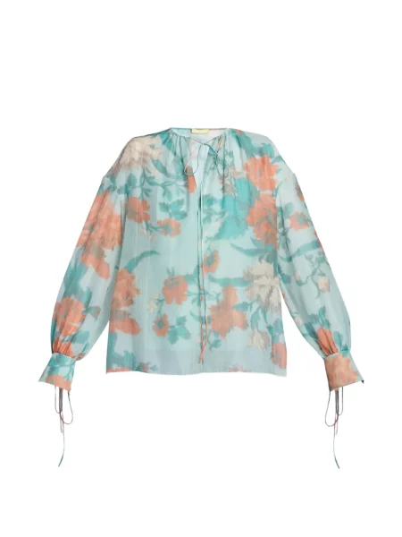 Lung bluză Erdem cu model floral cu imagine albastru