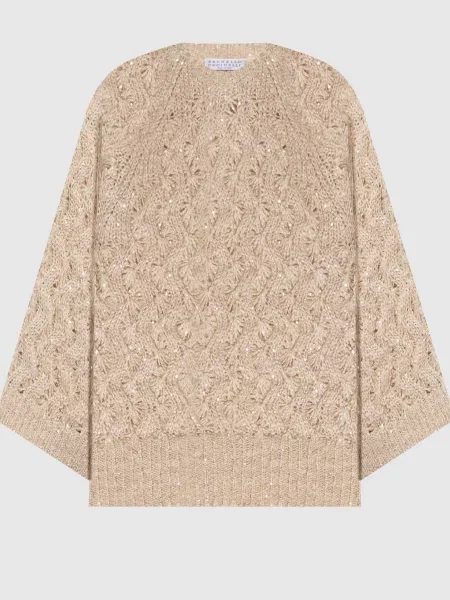 Светр із шовком та льоном у візерунок з паєтками Brunello Cucinelli бежевий