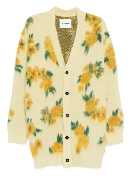Cardigan Jil Sander cu model floral cu decolteu în V galben