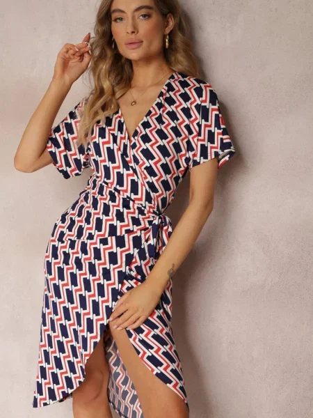 Rochie bleumarin tip plic cu cordon în talie cu model geometric Aphrosia