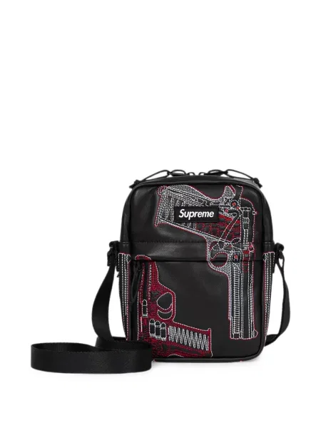 Кожена чанта за през рамо Supreme бродирана черно