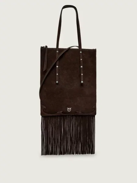 Pinko Geantă pe umăr MINI SHOPPER FRINGES | piele întoarsă maro