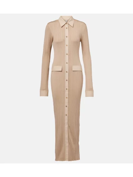 Dzianinowa sukienka koszulowa Toteme garniturowa prążkowana brązowa