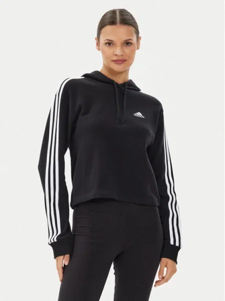 Суичър с качулка Adidas с качулка с принт на райета черно