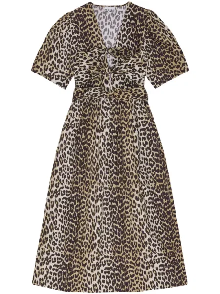 Rochie midi Ganni cu imagine cu model leopard până la genunchi maro