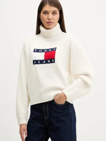 Pulover Tommy Jeans de lână bej