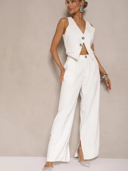 Komplet z Cyrkoniami Krótka Kamizelka i Eleganckie Spodnie Diviriel biały