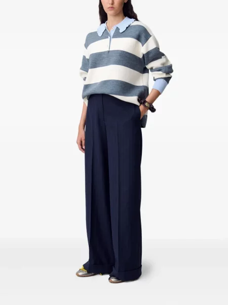 Kołnierzykowy polo Claudie Pierlot w paski z falbankami białe