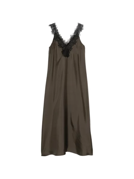 Jedwabna sukienka maxi Róhe z dekoltem w serek garniturowa brązowa