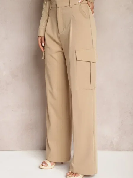 Pantaloni Largi High Waist în Stil Elegant cu Cargo Dekanna bej