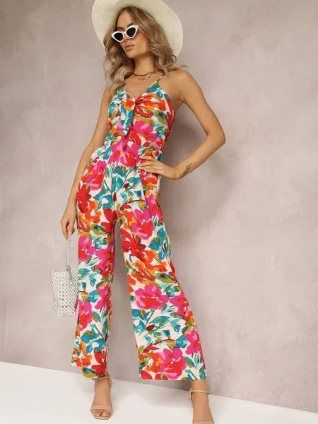 Salopetă cu legătură la decolteu cu flori Aikana roșie