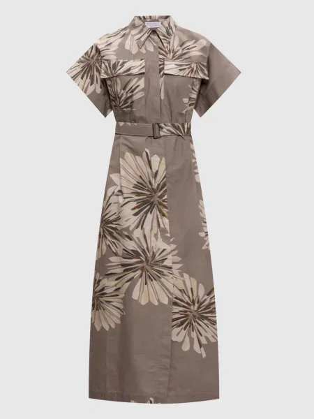Сукня-сорочка кольору хакі в квітковий принт Brunello Cucinelli