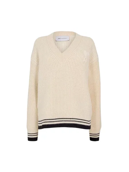 Sweter Ami Paris z dekoltem w serek z logo beżowy