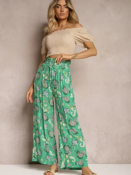 Spodnie Boho w Stylu Palazzo z Gumką w Pasie i Wysokim Stanem Pravia zielone