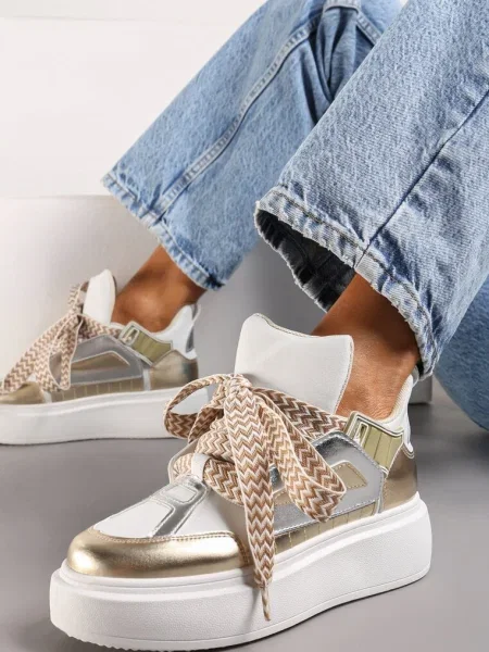 Sneakers Albi-Aurii cu Platformă Joasă și Șireturi Late cu Model Vidira alb