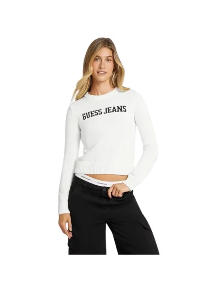 Dzianinowy sweter Guess z okrągłym dekoltem z logo biały