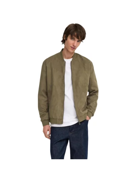 Geacă bomber Only & Sons din piele de căprioară verde