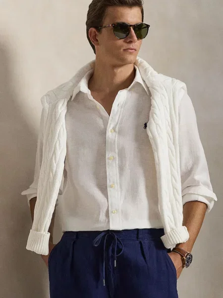 Lniana koszula z długim rękawem Polo Ralph Lauren z długim rękawem biała