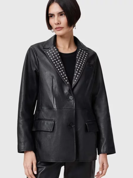 AllSaints sacou de piele CORINNA un singur rand de negru