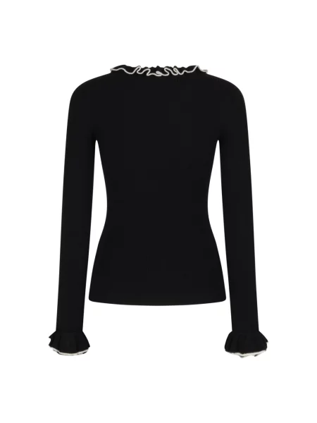 Lniany sweter Valentino Garavani z falbankami czarny