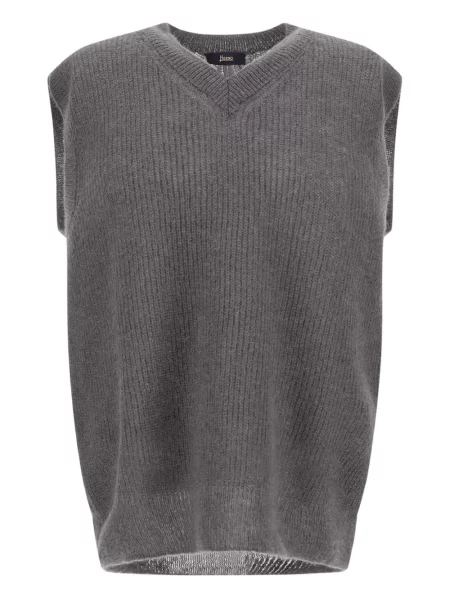 Pleteni rebrasti prsluk Herno s V-izrezom siva