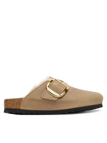 Шлепанцы Birkenstock с пряжкой из овчины коричневые