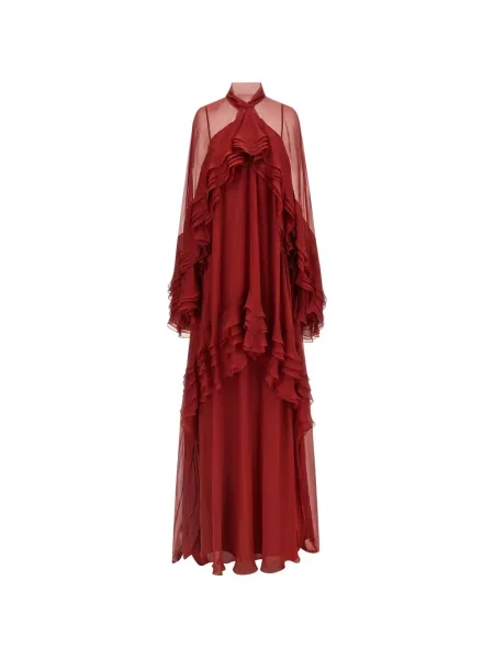 Rochie maxi Alberta Ferretti de mătase cu volane roșu