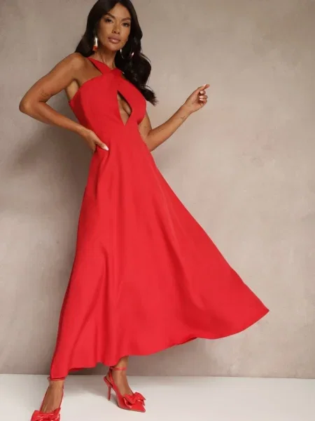 Koktajlowa Sukienka z Wiskozą i Dekoltem Halter Dolmanna czerwona