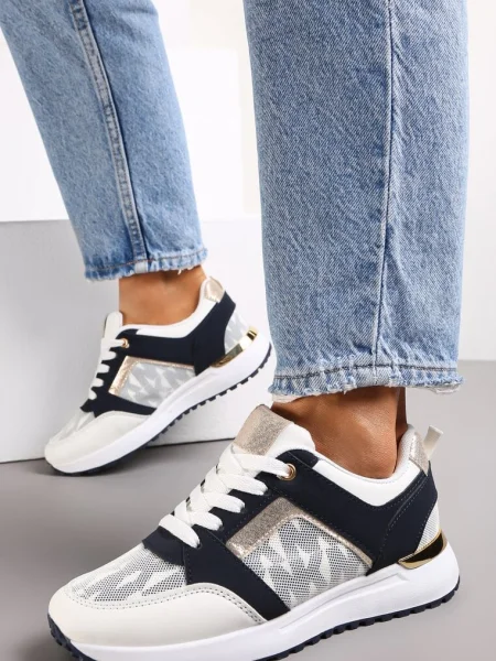 Sneakers Albi-Bleumarin cu Șiret și Imprimeu cu Litere Dandia alb