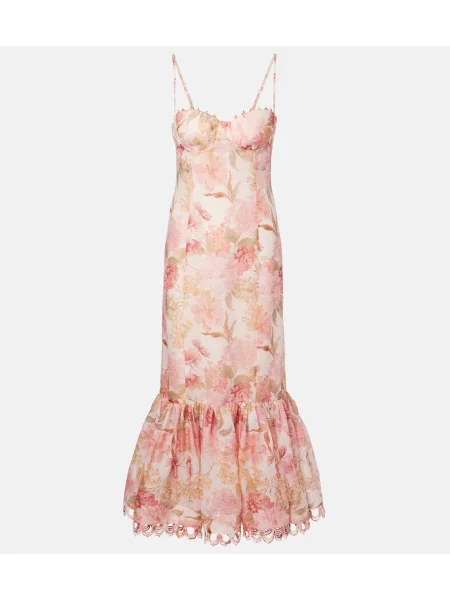 Lniana sukienka midi Zimmermann w kwiatki garniturowa różowa
