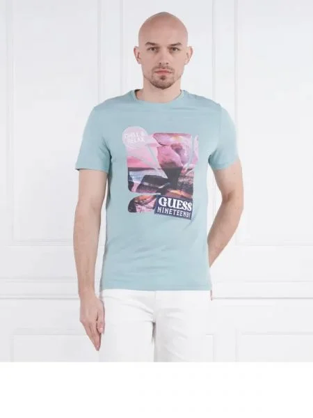 GUESS Tricou SUNSET FLOWER albastru