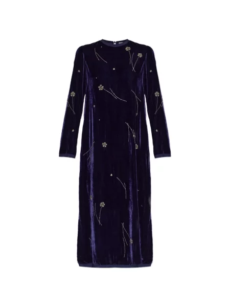 Rochie midi Forte_forte de catifea cu model floral cu mărgele albastru