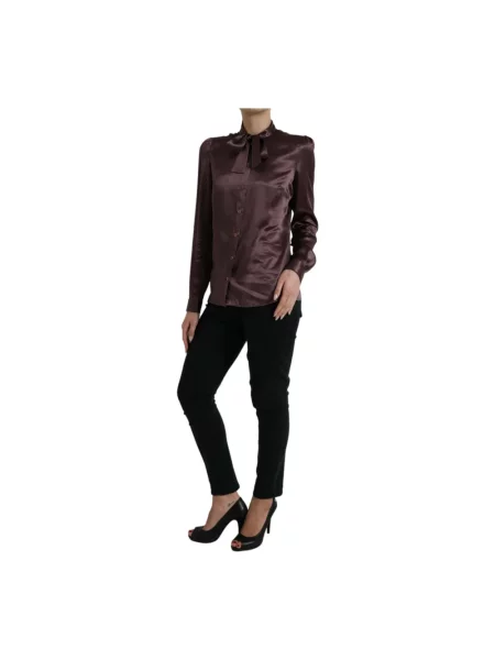 Jedwabna koszula Dolce And Gabbana z kokardką brązowa