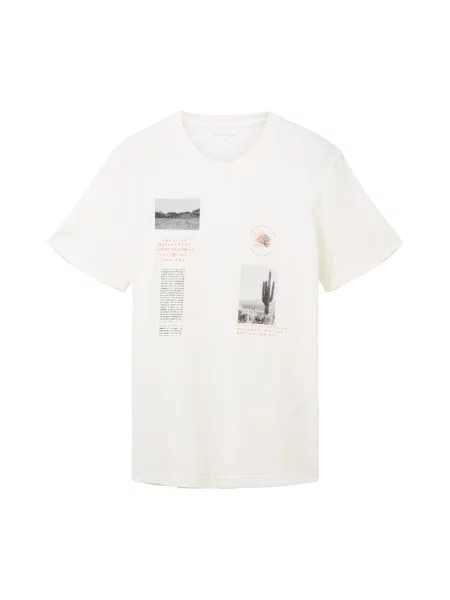 TOM TAILOR Tricou gri / verde pin / portocaliu / alb murdar