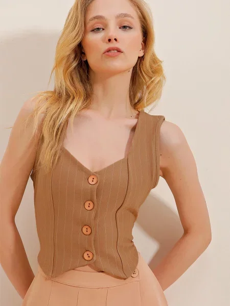 Trend Alaçatı Stili Vestă de costum maro cămilă alb