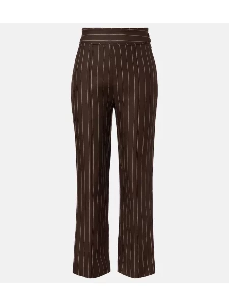 Lniane spodnie Posse z wysoką talią w paski brązowe