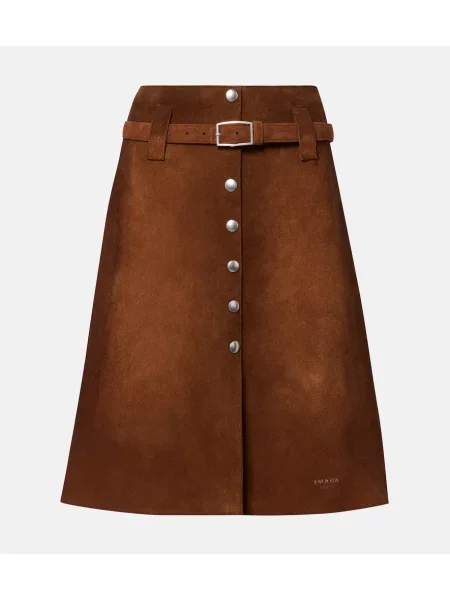 Fustă midi Prada din piele de căprioară până la genunchi maro